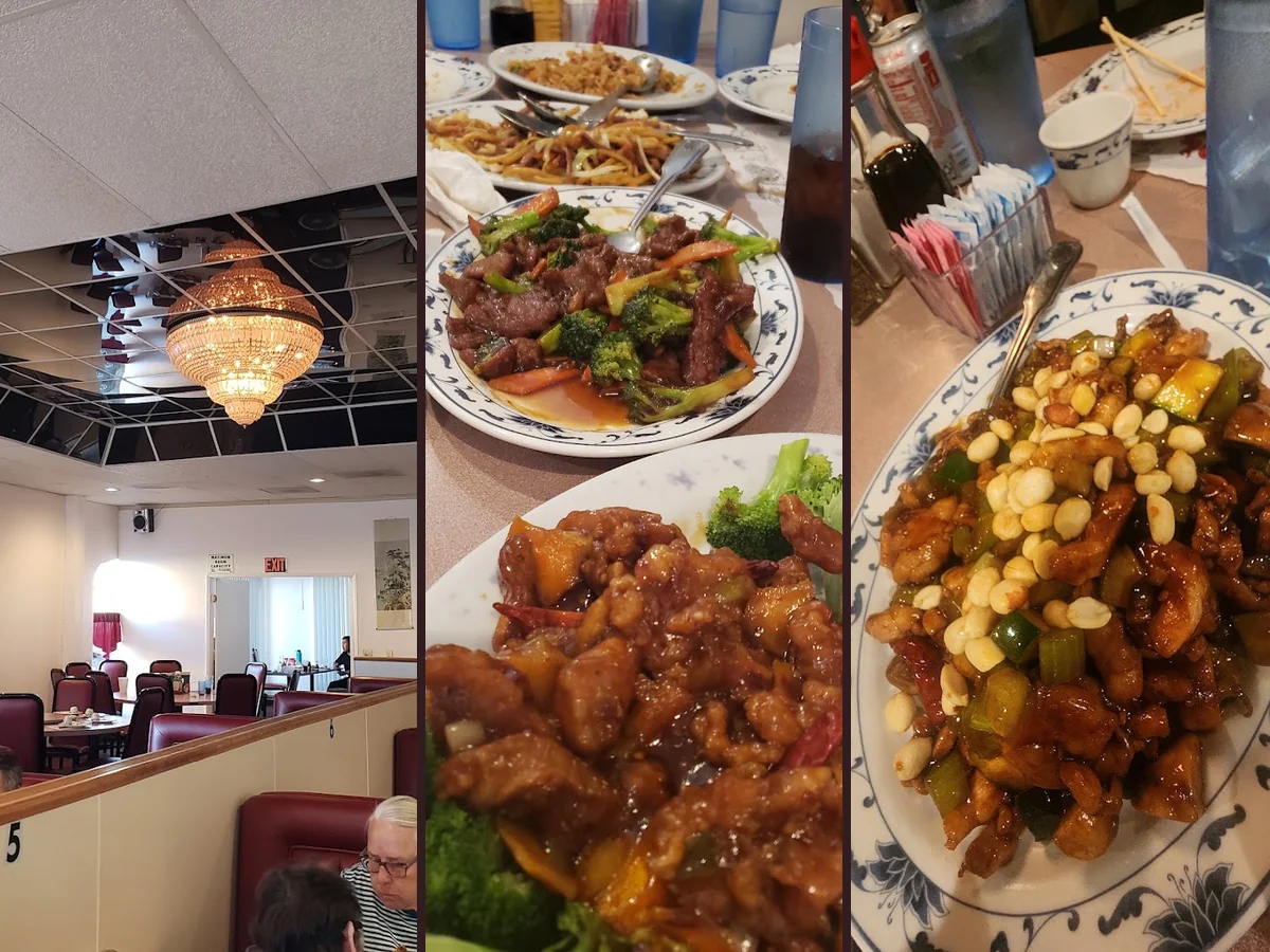Chinese eatery interior with plain walls and tables.